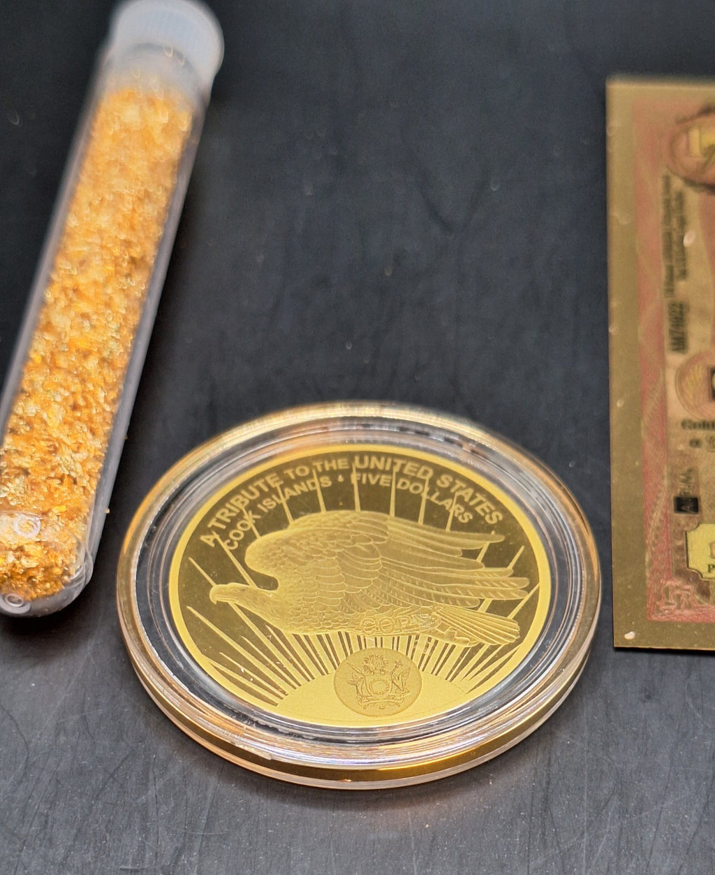 Deluxe Gold Collection Saint Gaudens Gold Coin, Goldback & Gold Flakes Set