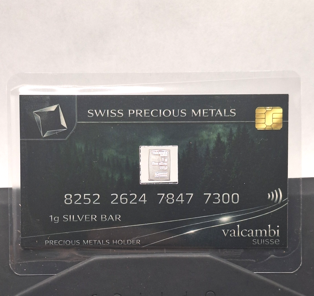 Swiss Precious Metals Card w/ Genuine 1g Valcambi Suisse .999 Fine Silver Bar