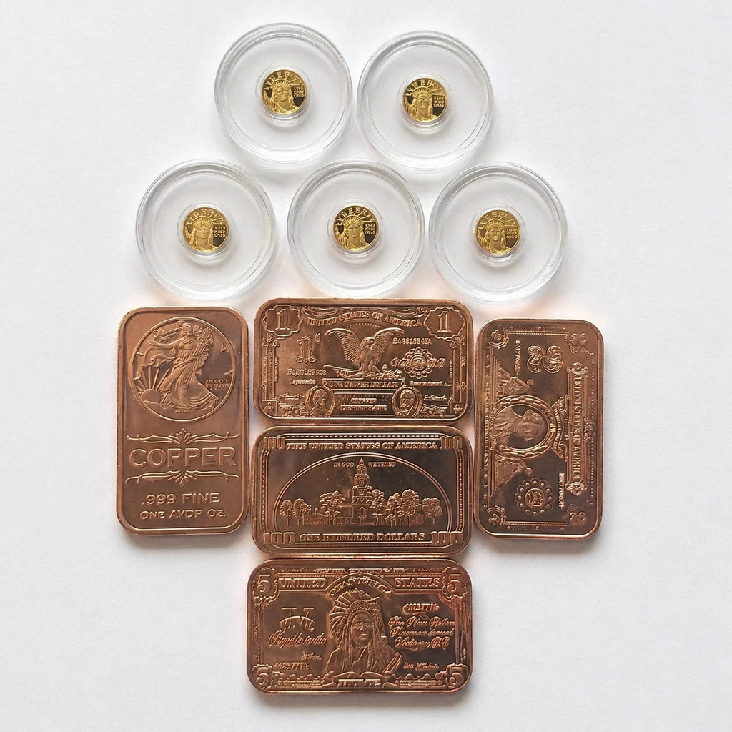 5x 24K Liberty Gold Coins 1/200 oz .9999 + FREE 5x 1 oz Copper Bars Set
