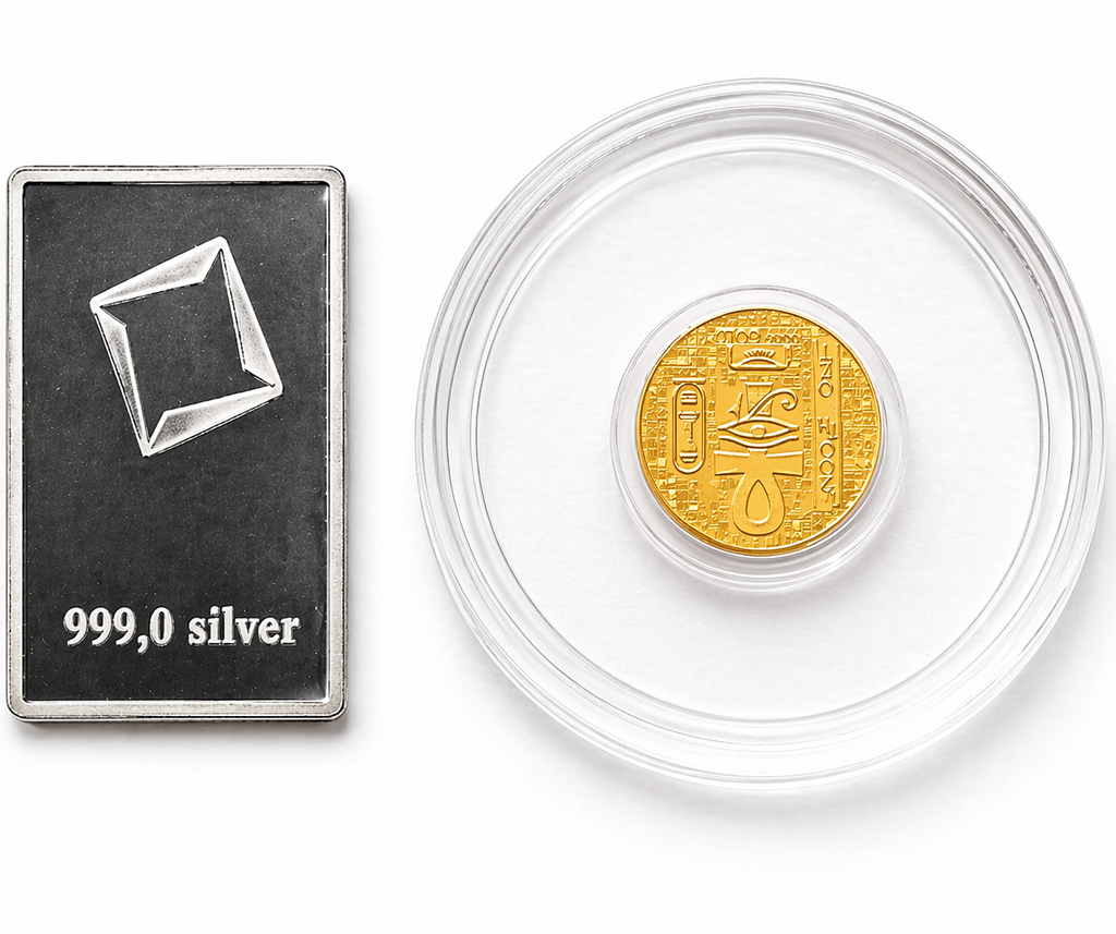 🪲 1/200 oz .9999 Pure Gold Egyptian Scarab Round + Valcambi Silver Bar