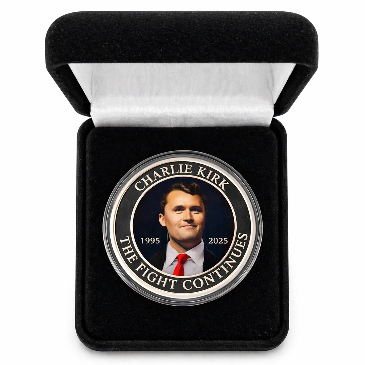 1 oz .999 Silver Charlie Kirk Memorial Coin in Case + BONUS Spirit Valcambi Card