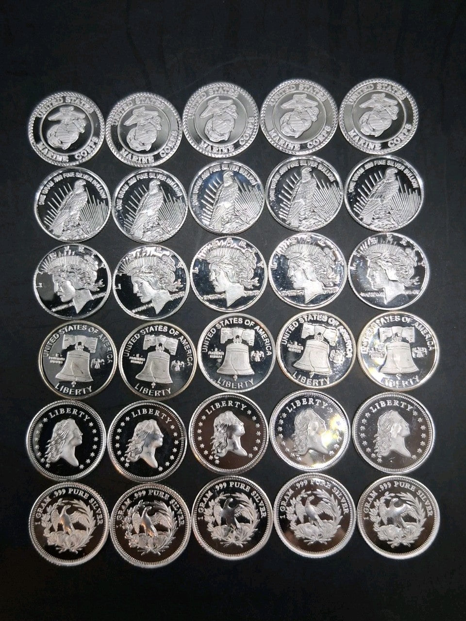 Lot 30 Pure .999 Fine Silver Rounds Premium New Bullion Estate Lot Coin Designs