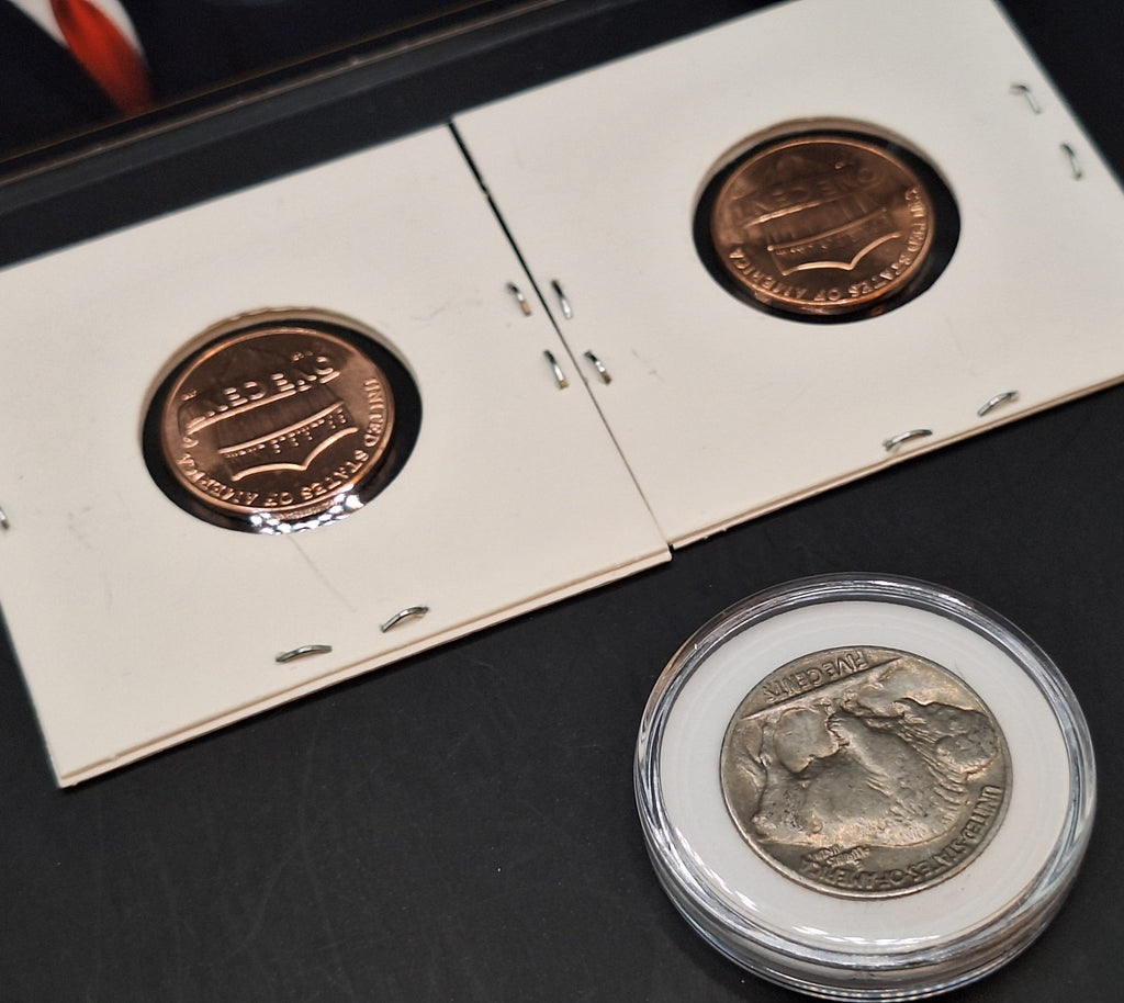 Trump Silver Mercury Dime Card, Buffalo Nickel & 2025 P&D Cent Set BU Coins