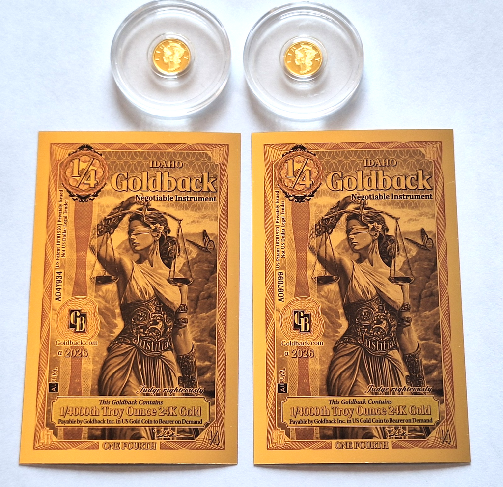 2x Mercury Gold Dime 1/200 oz Pure Gold Round + 2x FREE Idaho Goldback Notes