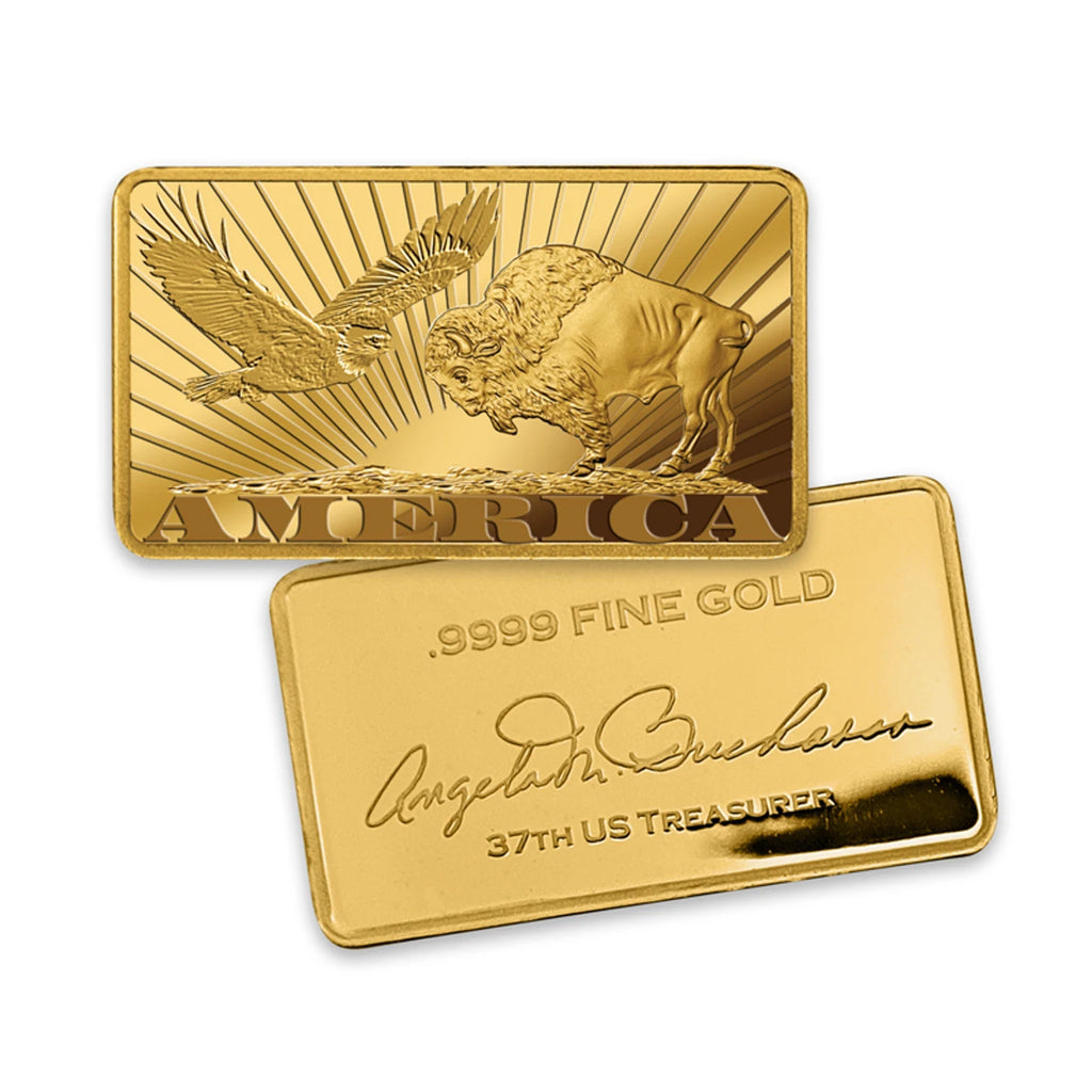 Lot of 2 - .9999 Fine Gold Bars In Assay Walking Liberty & Eagle Buffalo 1/50oz
