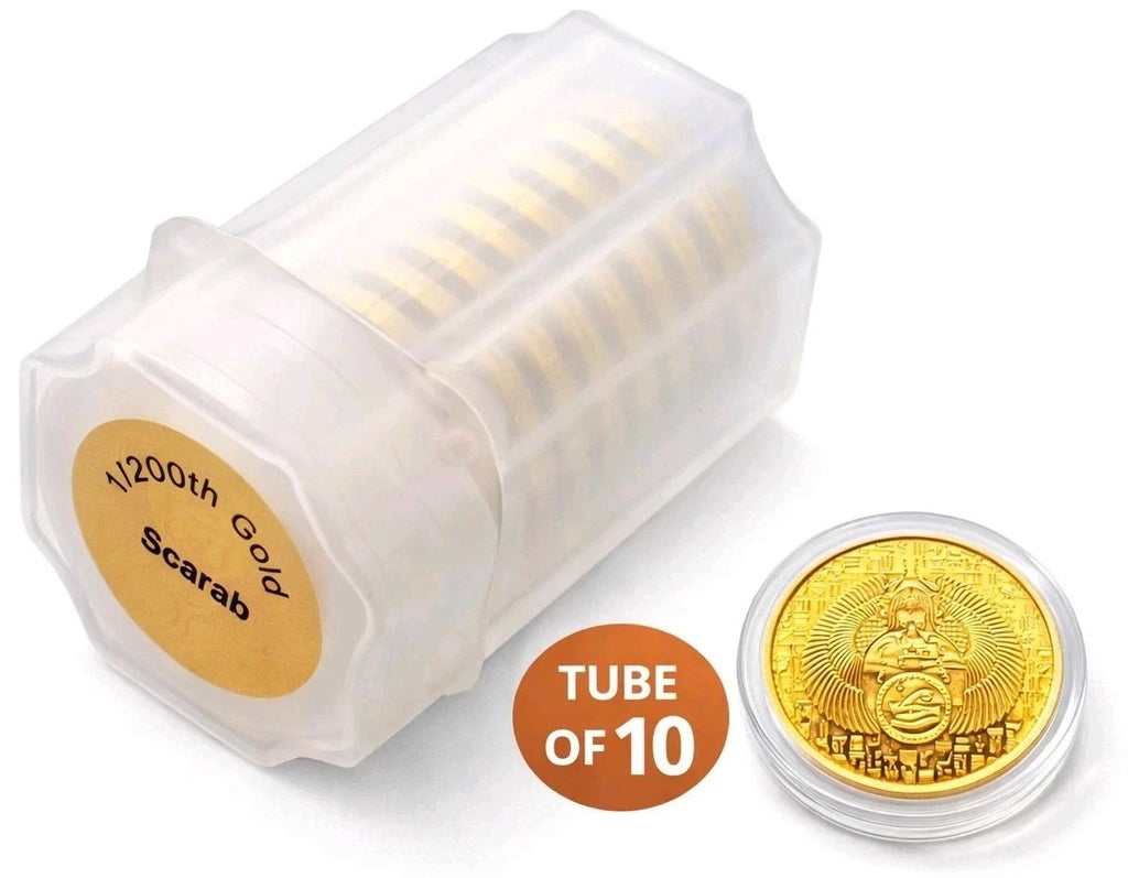 TUBE of 10 - 1/200 oz .999 Pure Gold Egyptian Scarab Round 24K Fine Bullion Lot