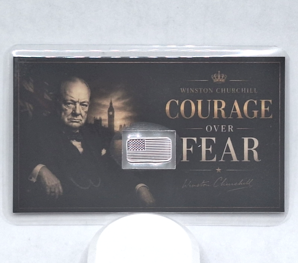 Winston Churchill Tribute Card w/ Genuine 1g .999 Fine Silver American Flag Bar