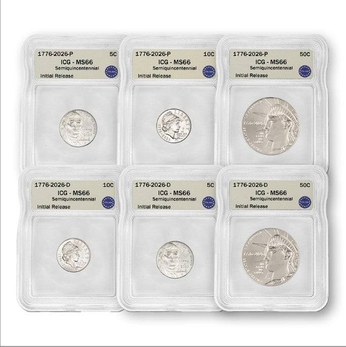 The 4th Of July 1776-2026 Bundle -6pc - ICG 66 Nickel Dime Half Dollar USA 250