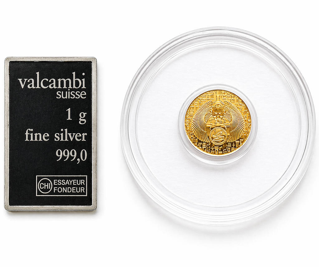 🪲 1/200 oz .9999 Pure Gold Egyptian Scarab Round + Valcambi Silver Bar