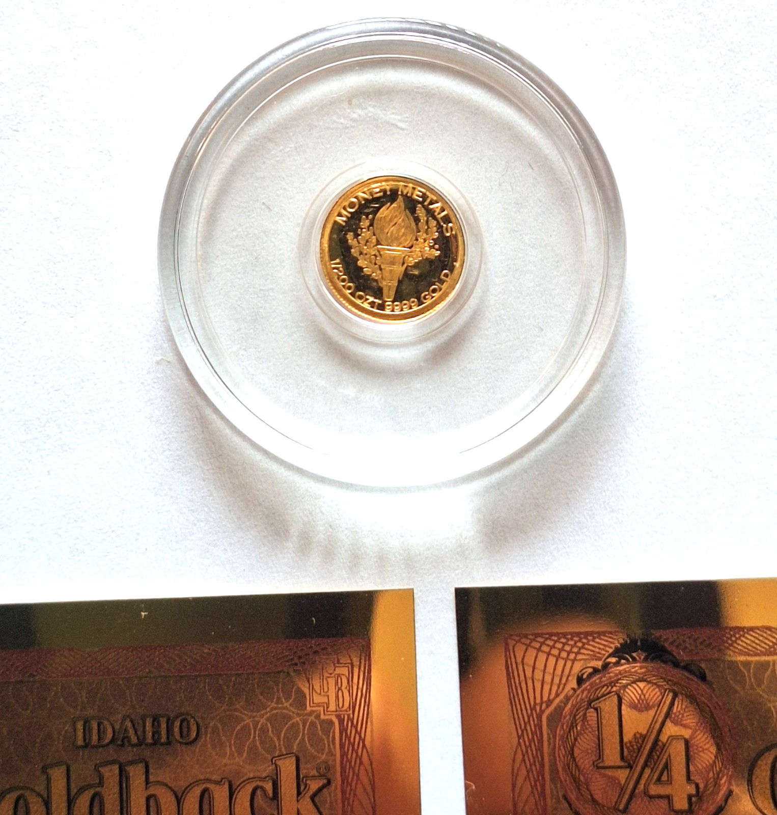 Mercury Gold Dime 1/200 oz .9999 Pure Gold Round + 2 FREE Idaho Goldback Notes