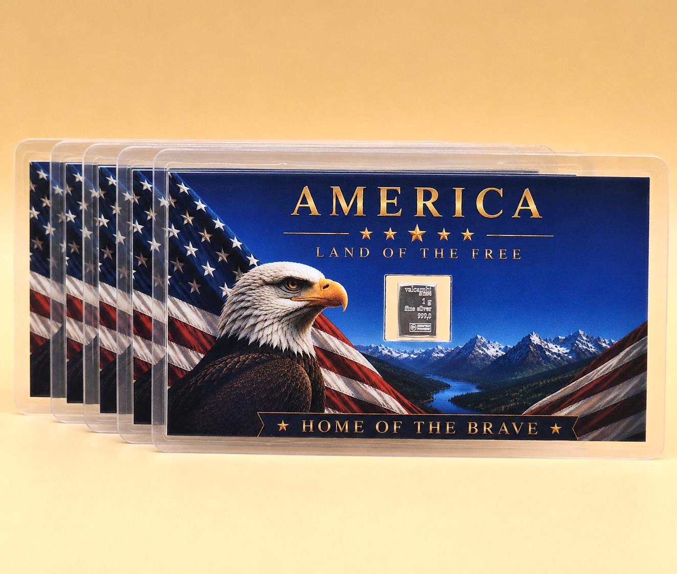 5x - American Bald Eagle CARD w/ Genuine 1g Valcambi Suisse .999 Fine Silver Bar