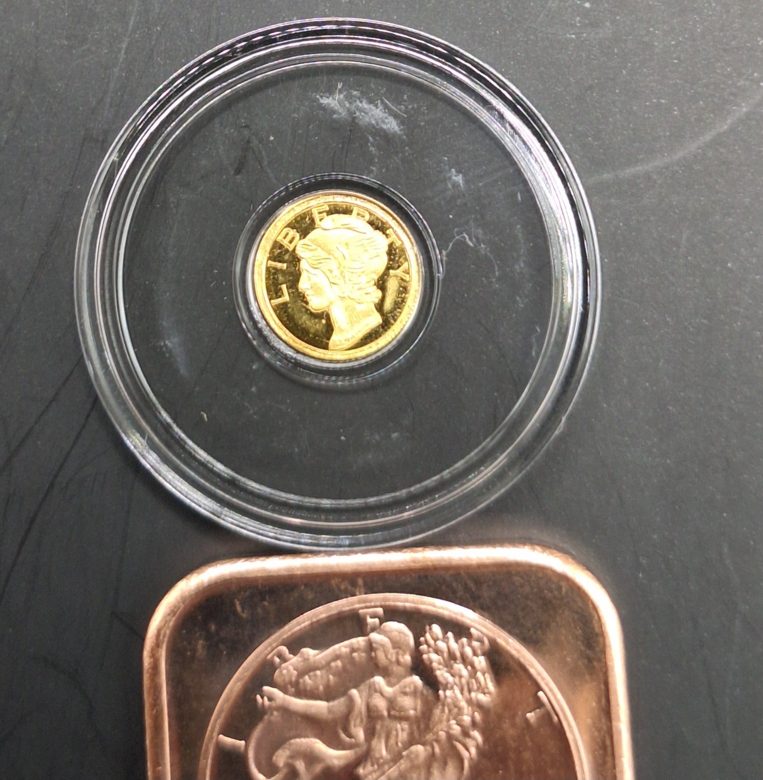 24K Mercury Gold Dime 1/200 oz .9999 + *FREE* 1 oz Copper Bar Random Design