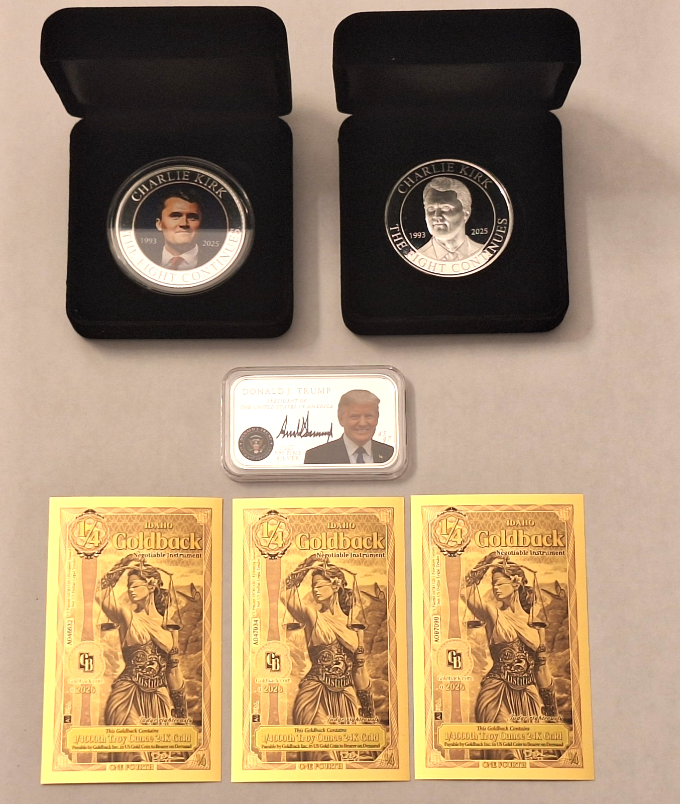 Charlie Kirk & Trump Colorized .999 Silver Set w/ Cases + 2 FREE Idaho Goldbacks