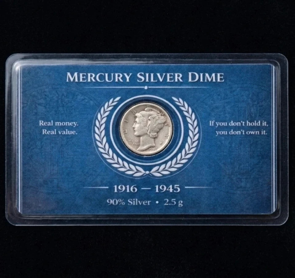 Lot of 10 - Genuine Mercury Silver Dime 90% Silver Coin in Laminated Display Card