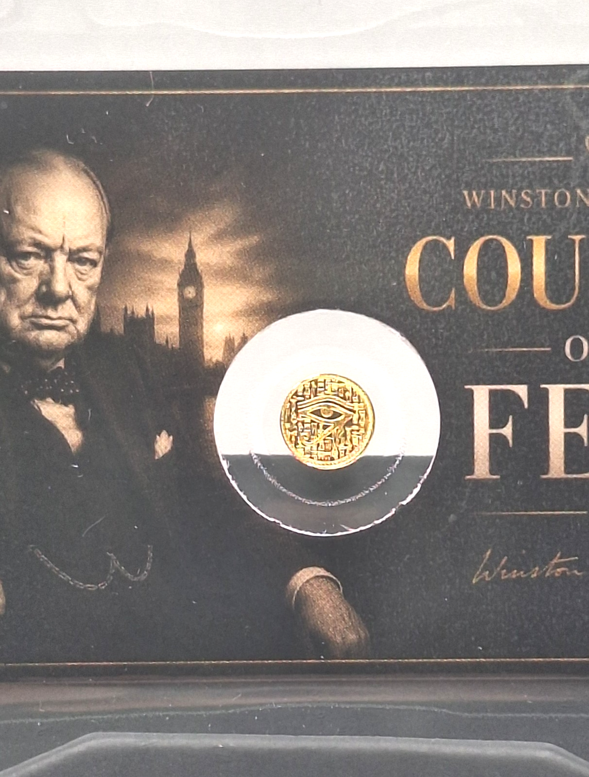 Winston Churchill Tribute Card w/ Genuine 1/500 oz .9999 Gold Eye of Ra Round