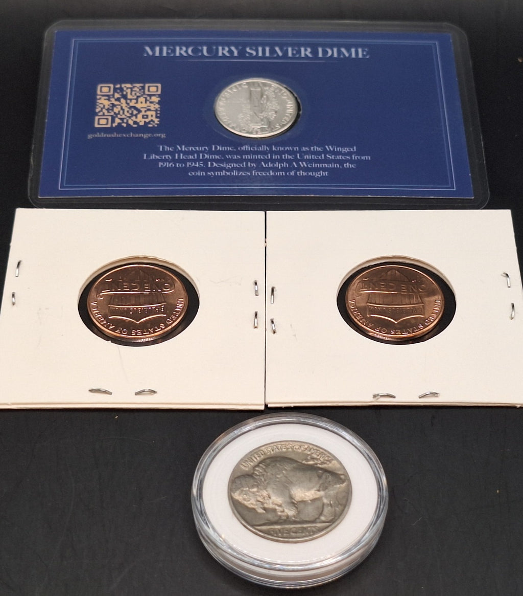 Buffalo Nickel Full Date, Silver Mercury Dime & 2025 P&D Cent Set BU