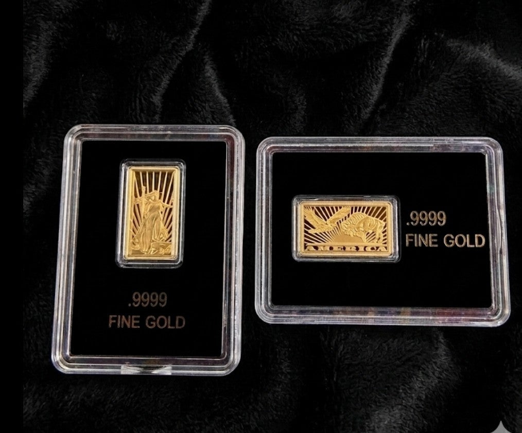 Lot of 2 - .9999 Fine Gold Bars In Assay Walking Liberty & Eagle Buffalo 1/50oz