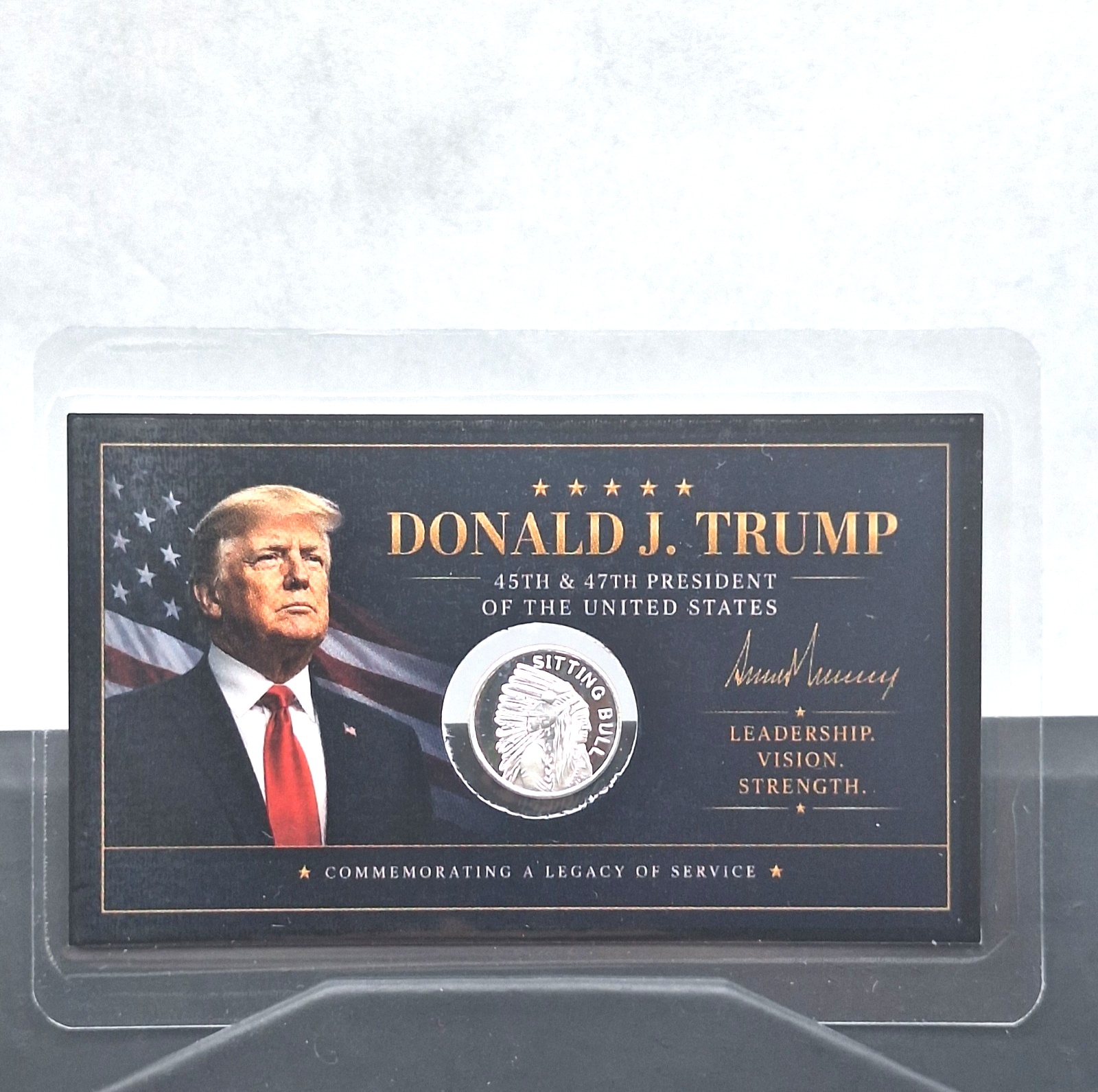 2x Donald J Trump Tribute Card w/ Genuine 1g .999 Fine Silver Sitting Bull Round