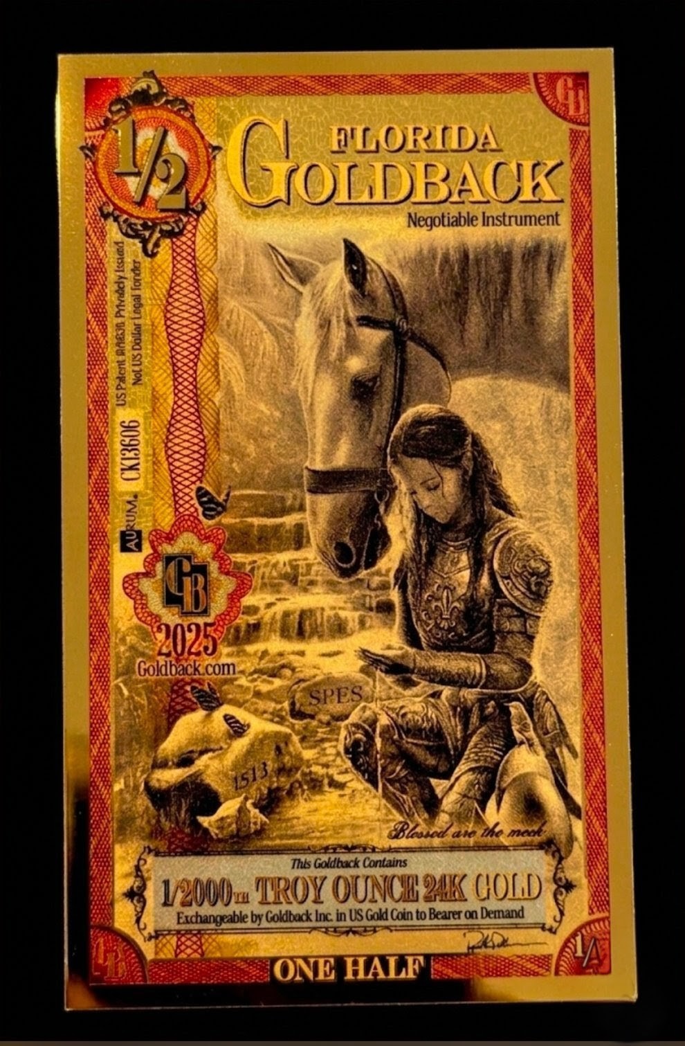 1/2 FLORIDA Goldback Aurum Gold Foil Note 1/2000 oz 24kt .999 Fine Free Shipping