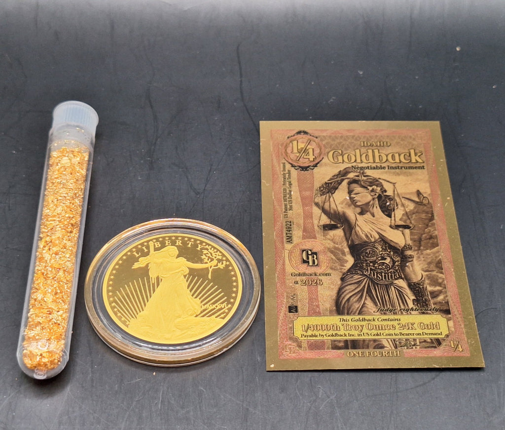 Deluxe Gold Collection Saint Gaudens Gold Coin, Goldback & Gold Flakes Set