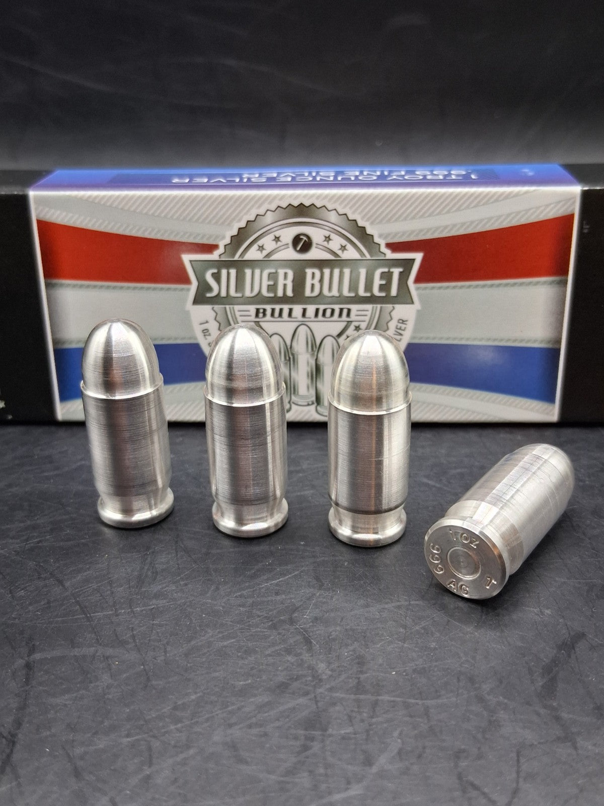 Lot 4 x 1oz Silver Bullet Bullion .999 Fine Silver .45 Auto ACP 4oz Total