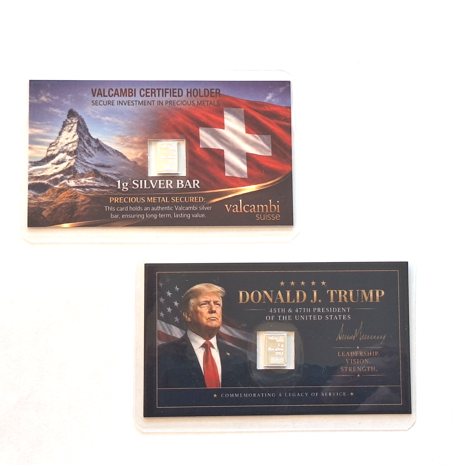 Donald Trump & Valcambi Suisse Tribute Card Set w/ 1g .999 Fine Silver Bars