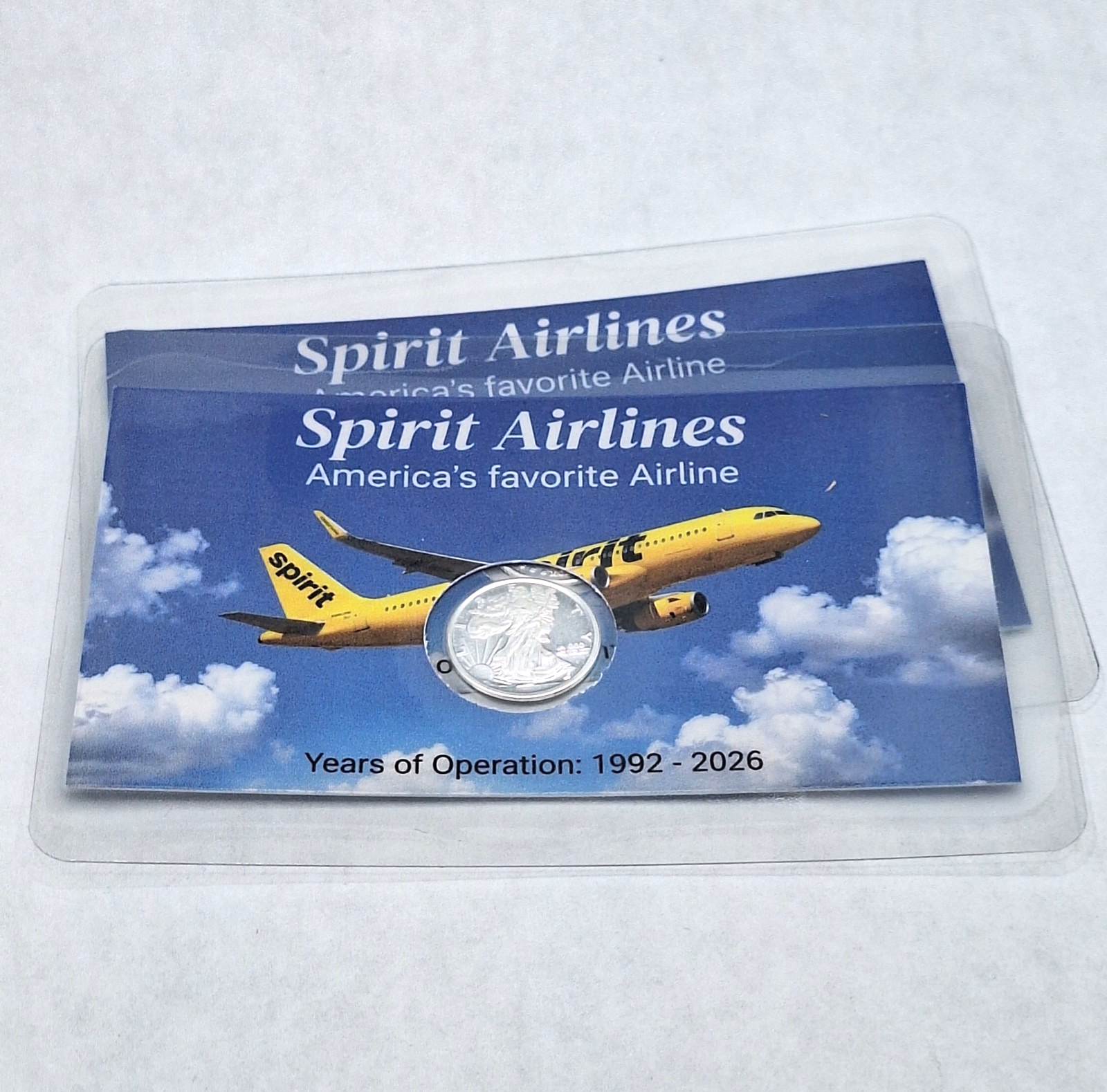 2x - Spirit Airlines Tribute Card w/ Genuine 1g .999 Fine Silver Walking Round