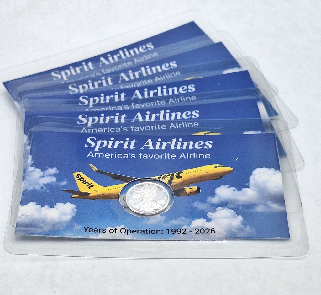 5x - Spirit Airlines Tribute Card w/ Genuine 1g .999 Fine Silver Walking Round