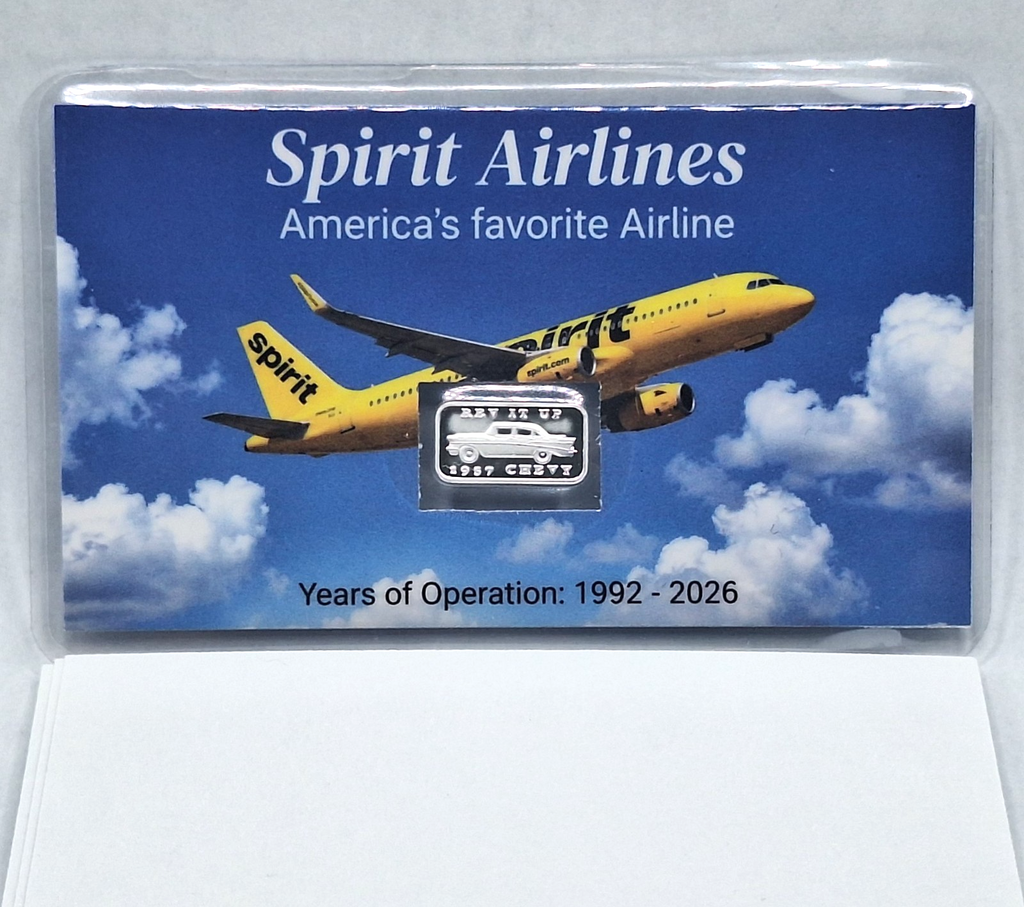 Spirit Airlines Farewell Card w/ Genuine 1g 1957 Chevy .999 Fine Silver Bar