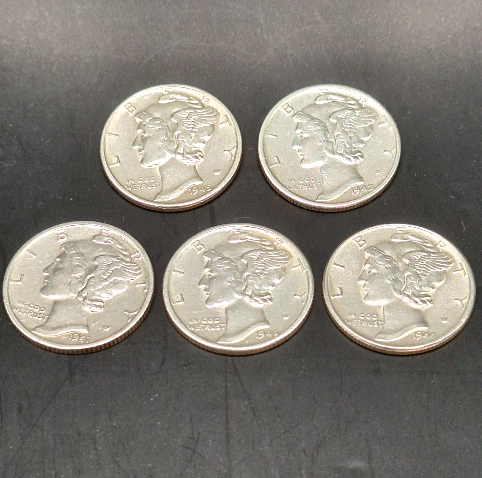 Set of 5 Mercury Dimes AU Almost Uncirculated 90% Silver 10C PDS Free Ship!!