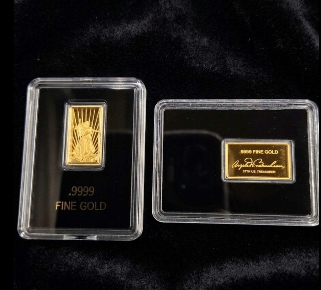 Lot of 2 - .9999 Fine Gold Bars In Assay Walking Liberty & Eagle Buffalo 1/50oz