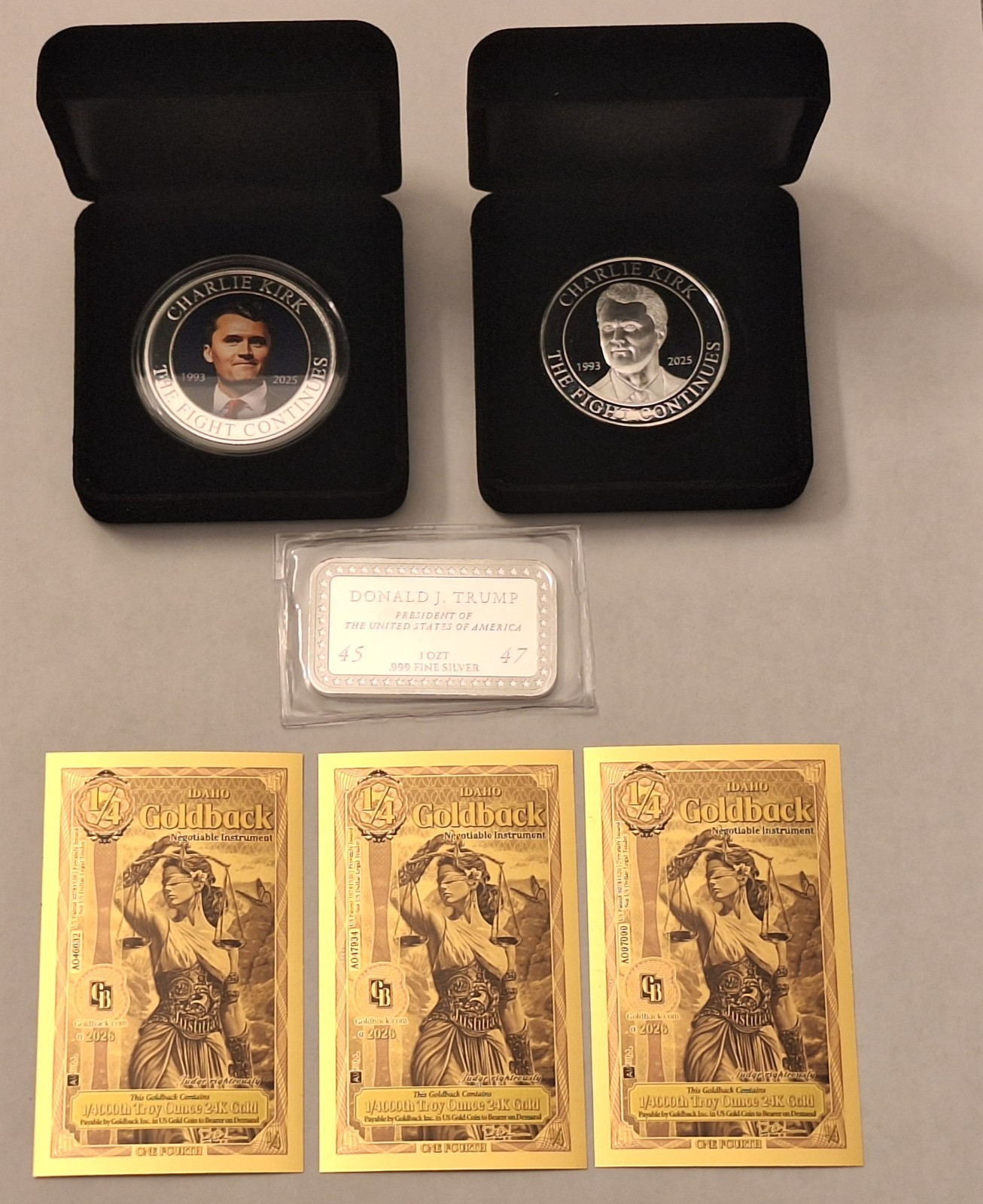 Charlie Kirk & Trump .999 Silver Set w/ Display Cases + 2 FREE Idaho Goldbacks!