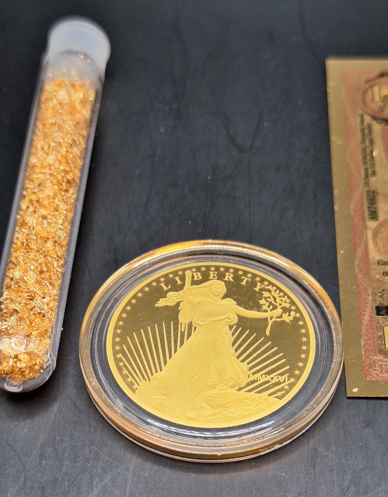 Deluxe Gold Collection Saint Gaudens Gold Coin, Goldback & Gold Flakes Set
