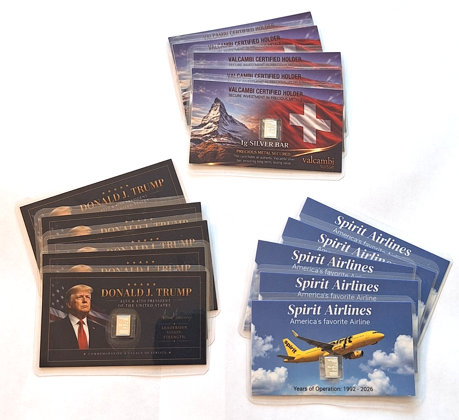 5x Trump Spirit Airlines & Valcambi Tribute Card Set w/ 1g .999 Fine Silver Bars
