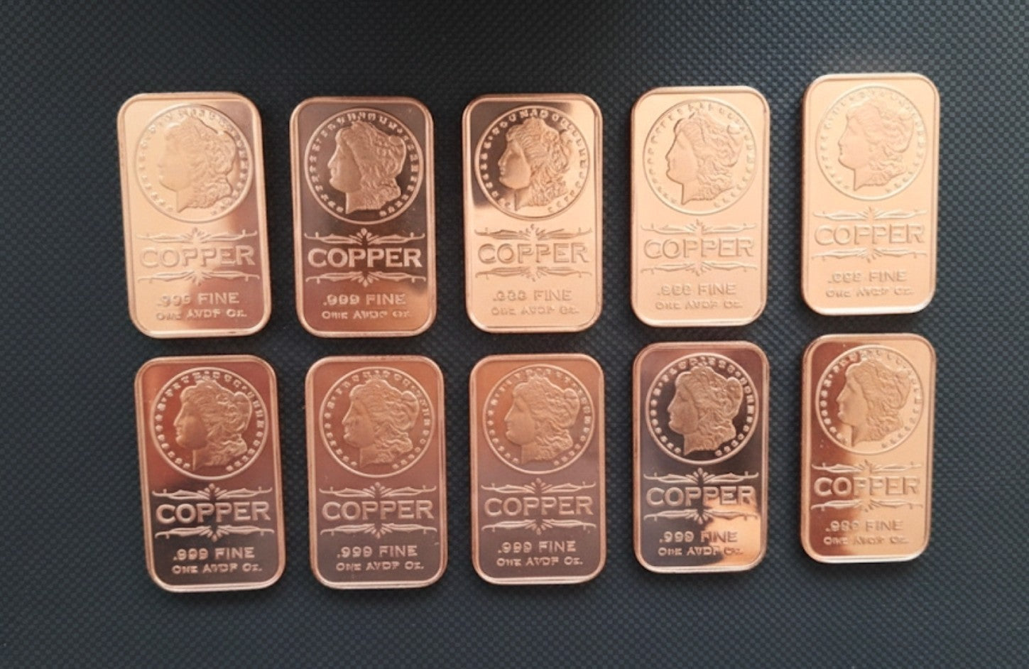 Lot of 10 - 1 oz Copper Bar .999 Fine Bullion - Random Design - Ingot