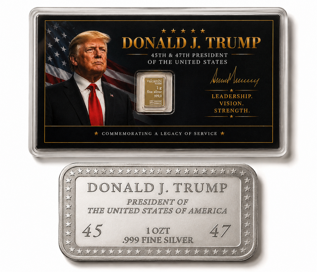 1oz Trump Presidential Silver Bar & Trump Tribute Card w/ 1g Valcambi Gift Set