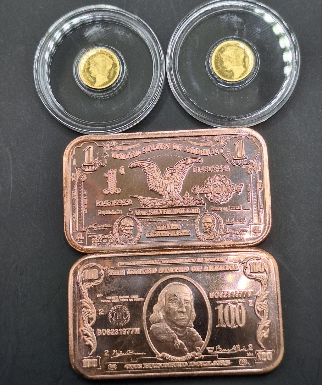 2x Mercury Gold Dime 1/200 oz .9999 Gold Coins + FREE 2x 1 oz Copper Bars
