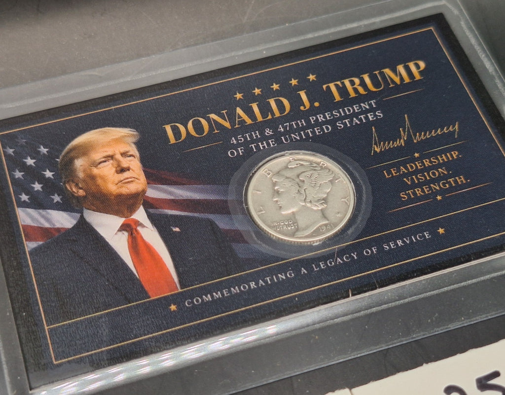 Trump Silver Mercury Dime Card, Buffalo Nickel & 2025 P&D Cent Set BU Coins