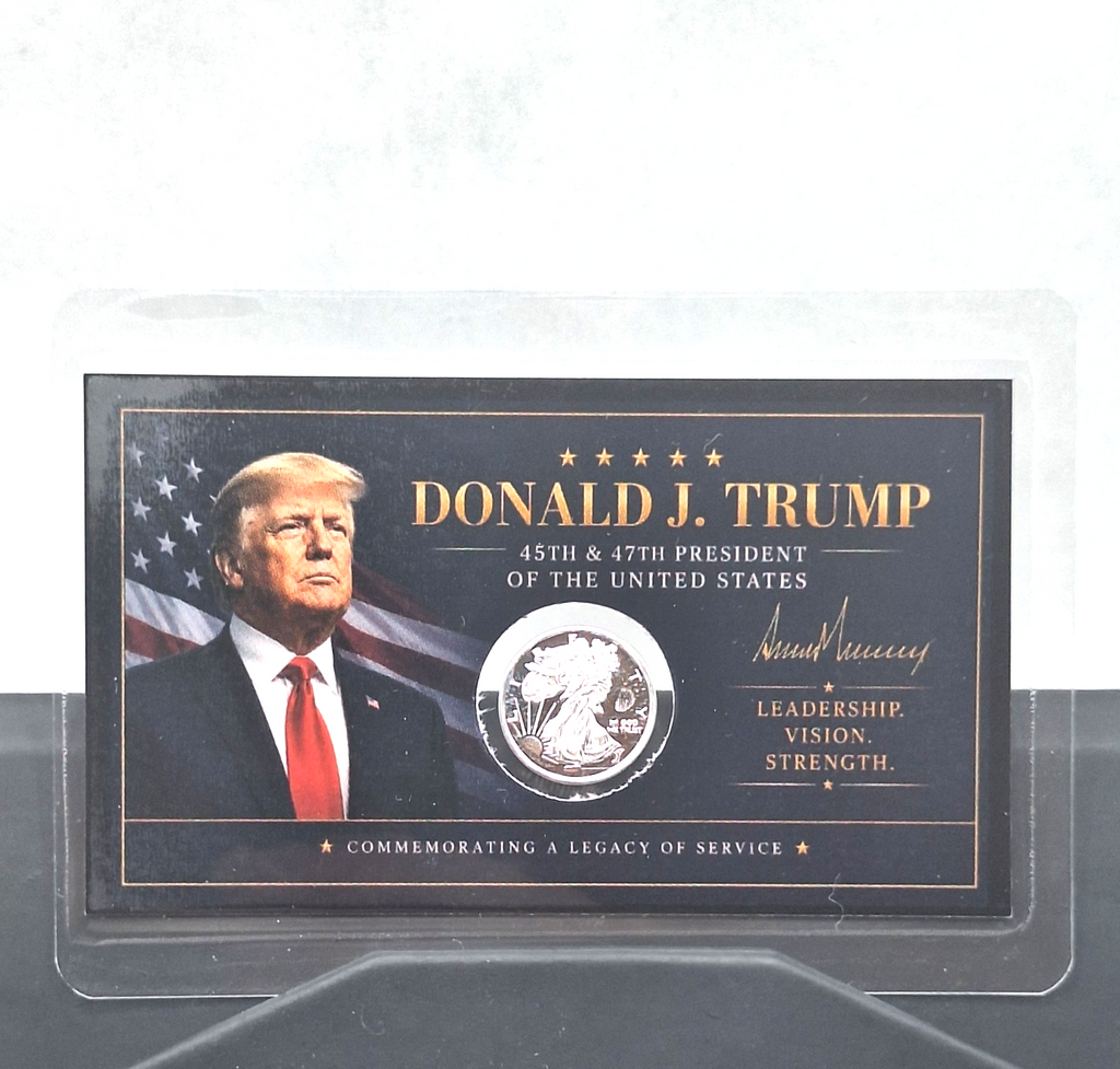 Set of 2 - Donald J Trump Tribute Cards w/ 1g .999 Silver Walking Liberty Round