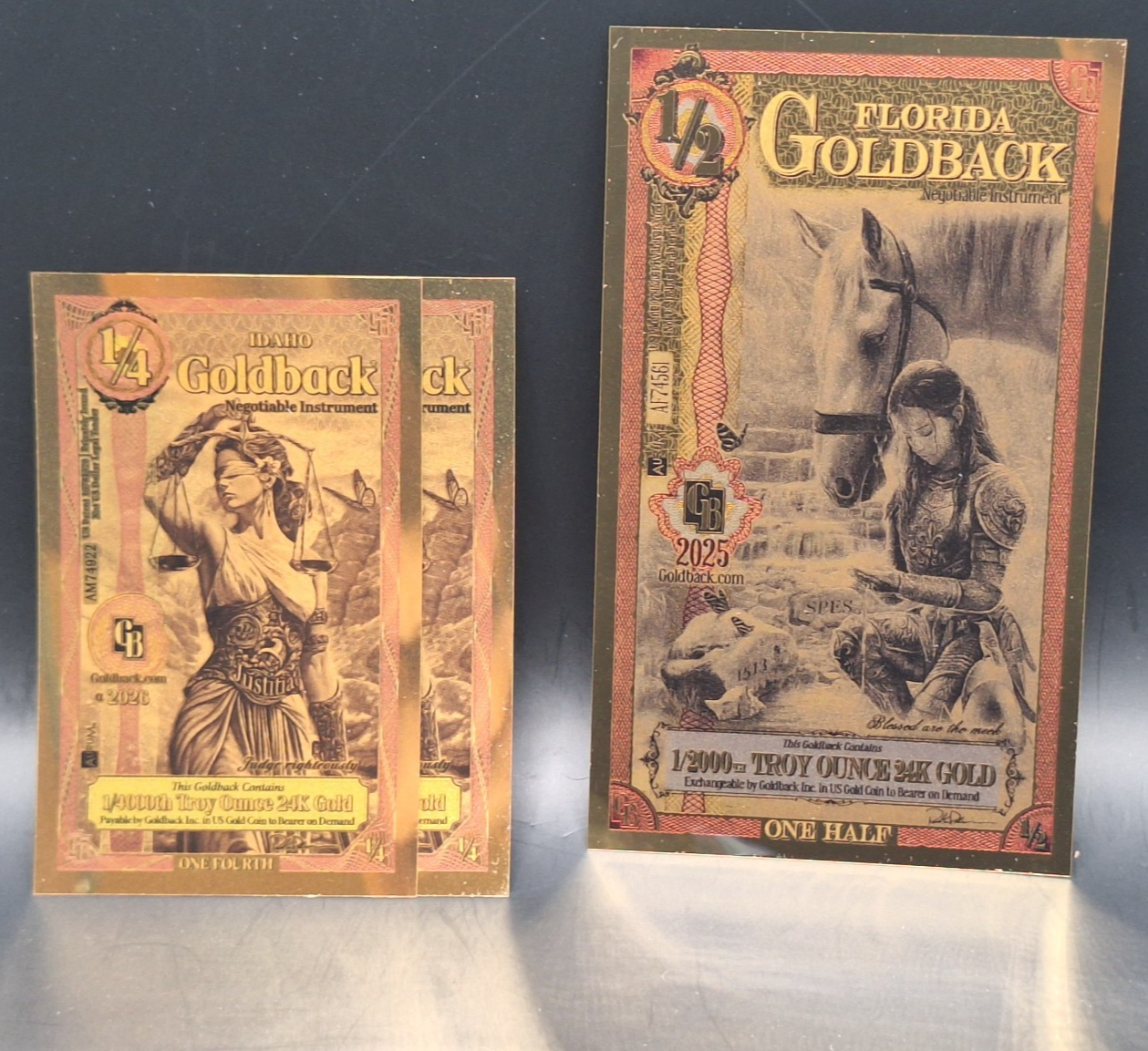 1x 1/2 Florida & 2x 1/4 Idaho Goldbacks Gold Foil Notes Set 24K Aurum In Stock