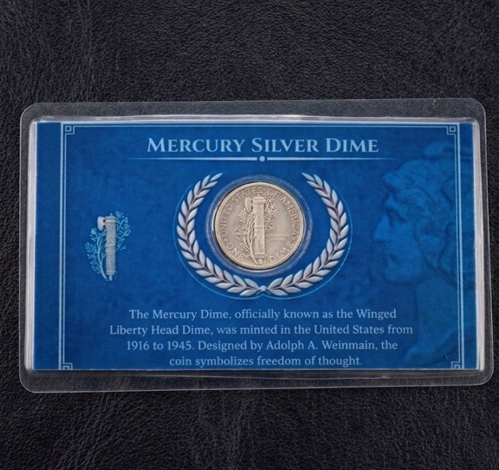 90% Silver Mercury Dime Laminated Display Card 1916-1945 2.5g Bullion Coin Set2