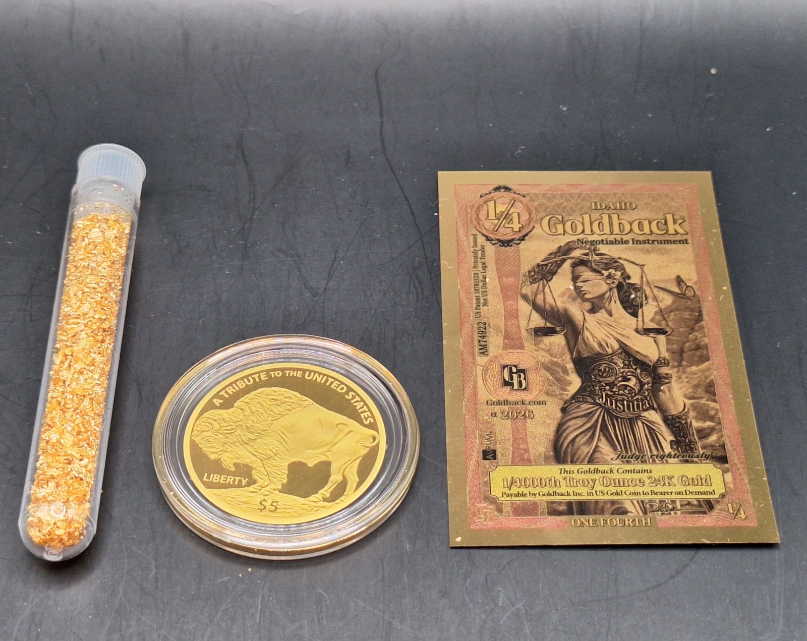 Gold Collection Set Buffalo Gold Coin, Goldback Note & Genuine Gold Flakes