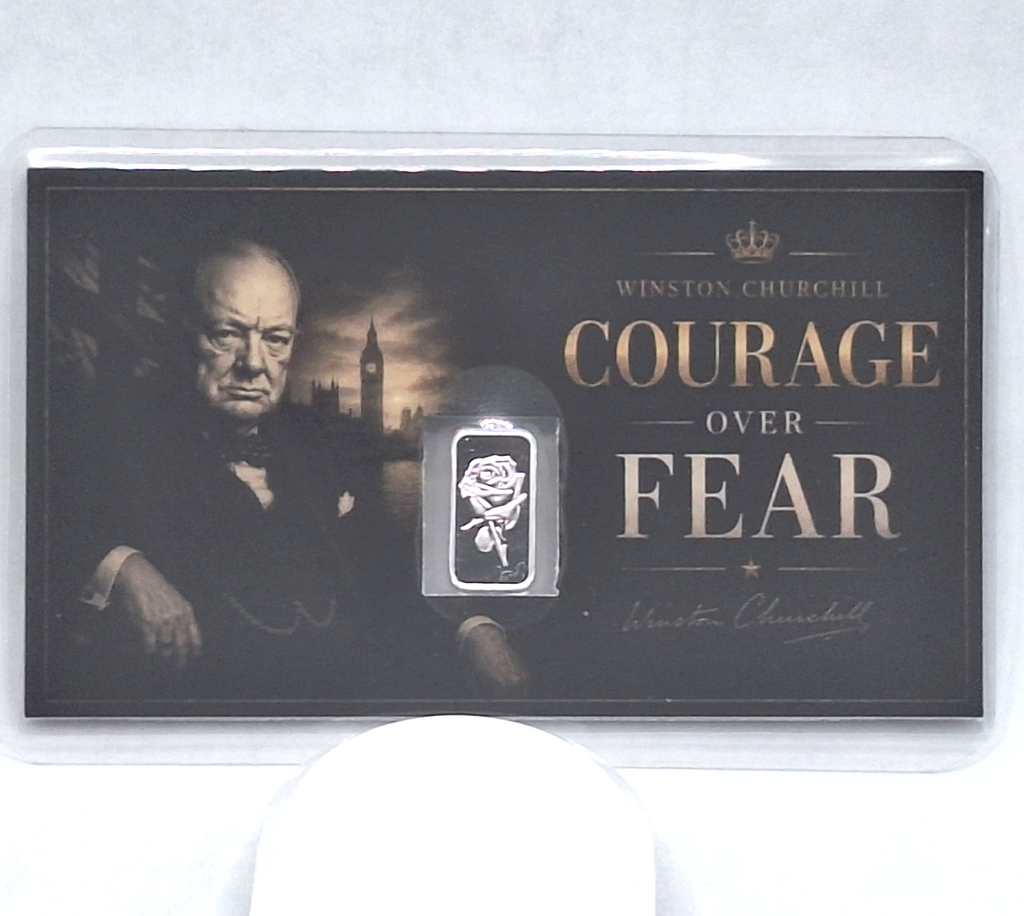 Winston Churchill Tribute Card w/ Genuine 1g .999 Fine Silver Rose Bar