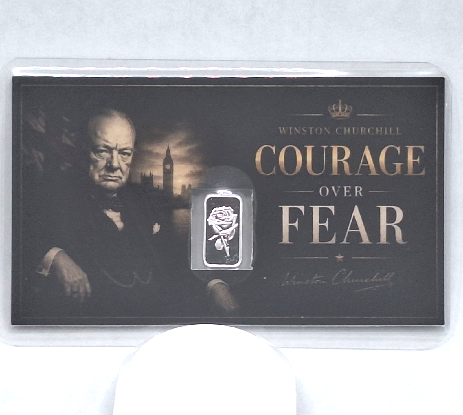 Winston Churchill Tribute Card w/ Genuine 1g .999 Fine Silver Rose Bar