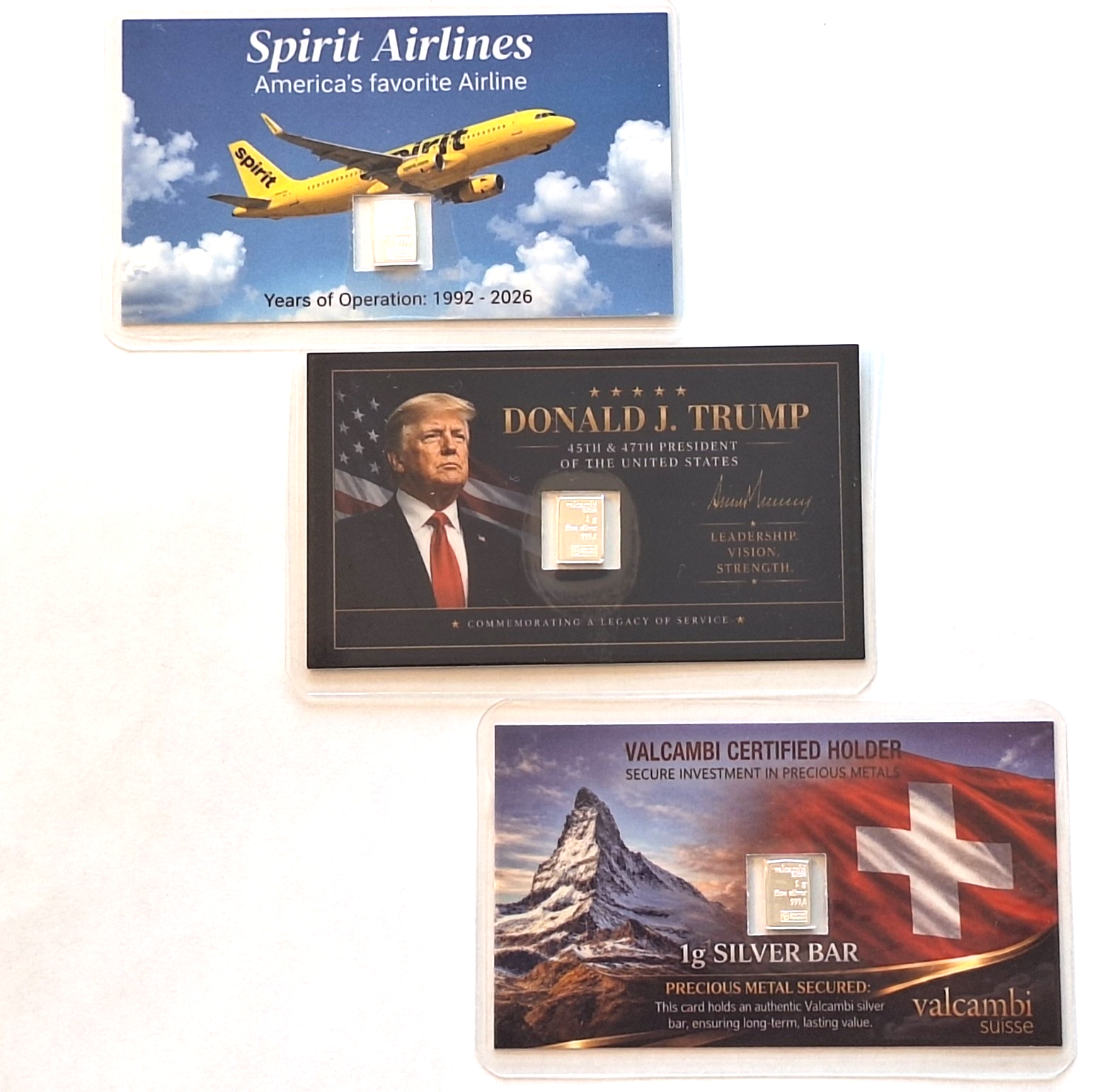 Trump Spirit Airlines & Valcambi Tribute Card Set w/ 1g .999 Fine Silver Bars