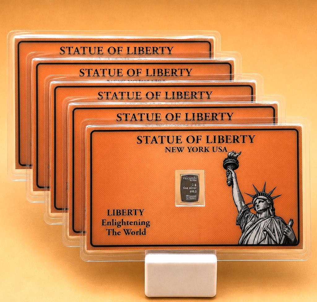 LOT 5 Statue of Liberty Card w/ Genuine 1g Valcambi Suisse .999 Fine Silver Bar