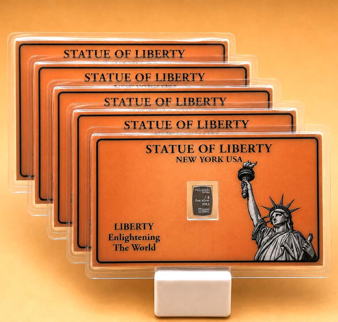 LOT 5 Statue of Liberty Card w/ Genuine 1g Valcambi Suisse .999 Fine Silver Bar
