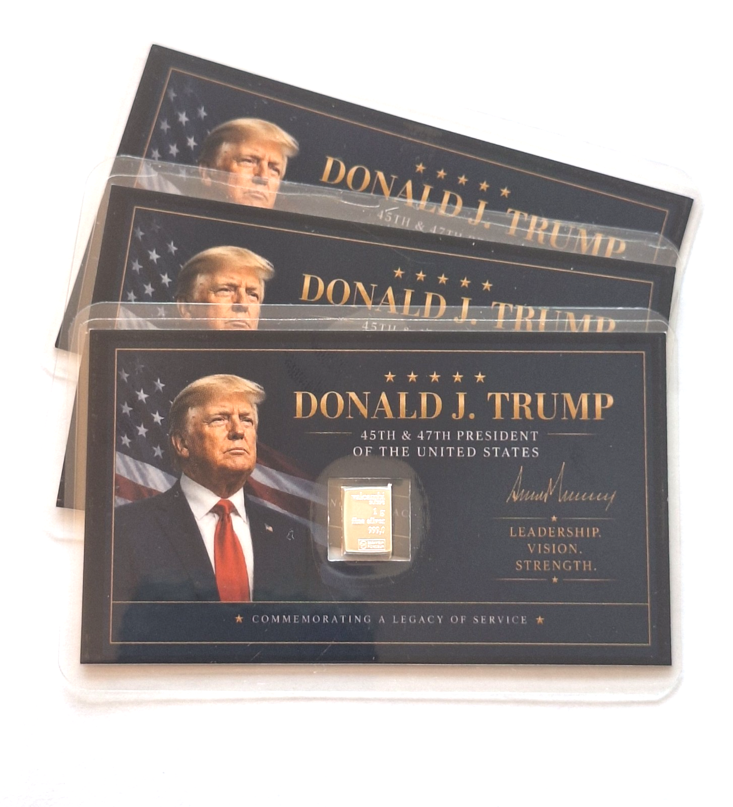 3x Donald Trump Tribute Card w/ Genuine 1g Valcambi Suisse .999 Fine Silver Bar