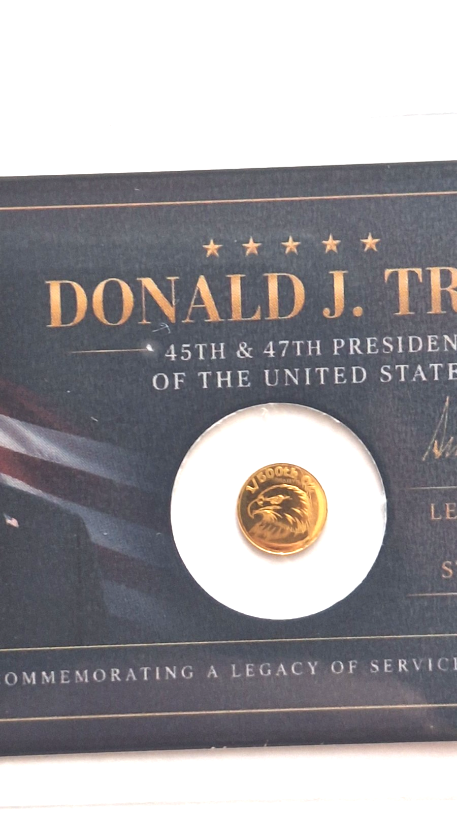 Donald Trump Tribute Card w/ 1/500 oz .9999 Fine Gold Eagle Round Free Ship