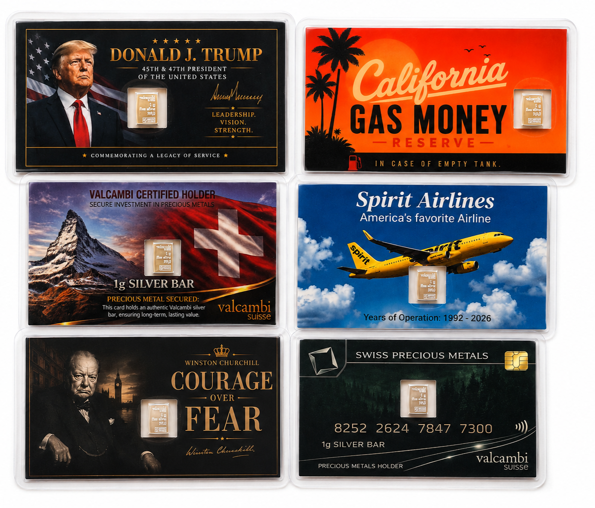 1g Valcambi Suisse .999 Fine Silver Bar Lot of 6 Collectible Display Cards Set